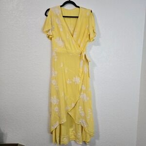 Butter Yellow Floral Embroidered Wrap Midi Dress Flutter Sleeve Tie Waist M